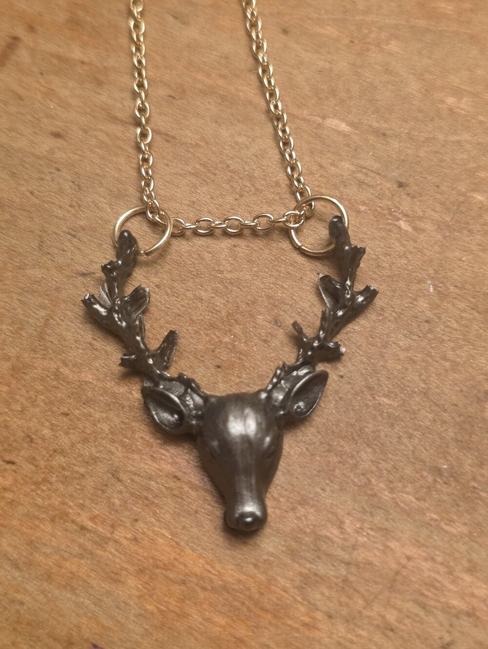 Deer Head With Antlers Hooked To Gold Tone Chain Necklace